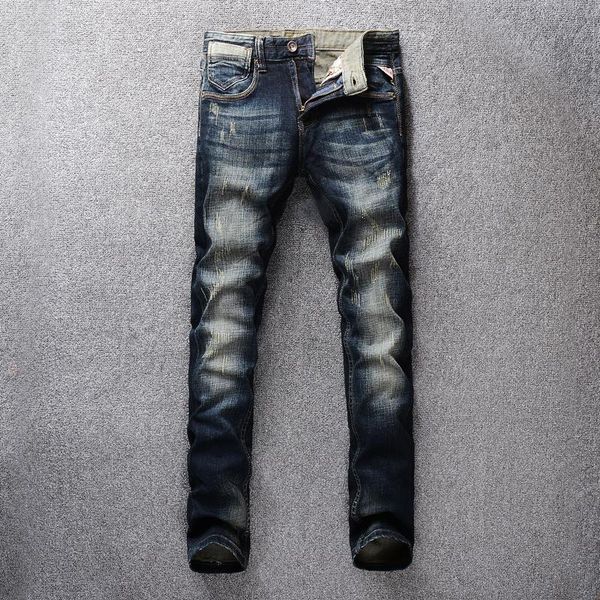 

men's jeans vintage design 2021 men dark color slim fit distressed denim pants ripped for streetwear classical male, Blue