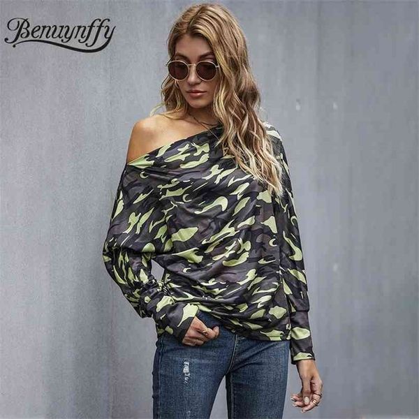 

camouflage print open shoulder t shirt women spring and autumn long sleeve knit tee ladies loose casual t-shirts 210510, White