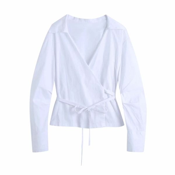 

fashion women cross v neck wrap shirt female white long sleeve blouse casual lady loose blusas s8750 210430