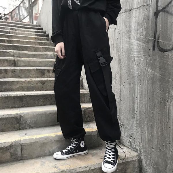 

back hip hop cargo wide leg pants korean ins harajuku style straight high trousers women fashion loose long capris hipster women's &, Black;white