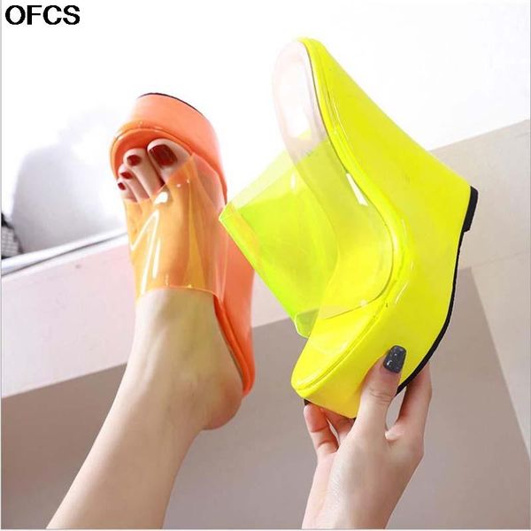 

slippers 2021 pvc transparent wedges women high heels sandals waterproof platform slip-on beach casual shoes, Black