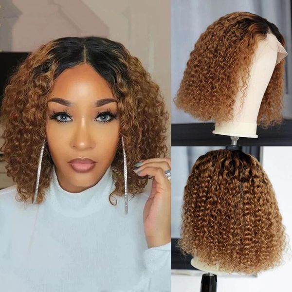 

lace wigs ombre short bob wig curly part human hair 1b/27 color brazilian highlight baby pre plucked remy, Black;brown