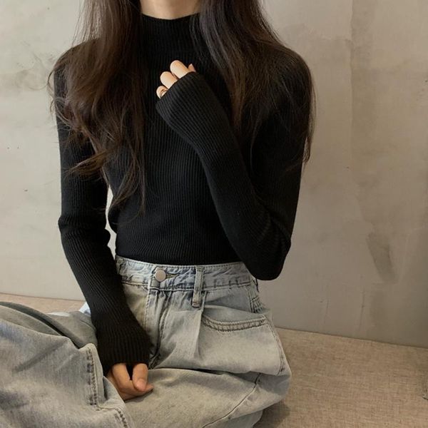 

women's sweaters short high waist wide leg pants fashionable t-shirt knitted bottoming shirt fall/winter slim half, White;black