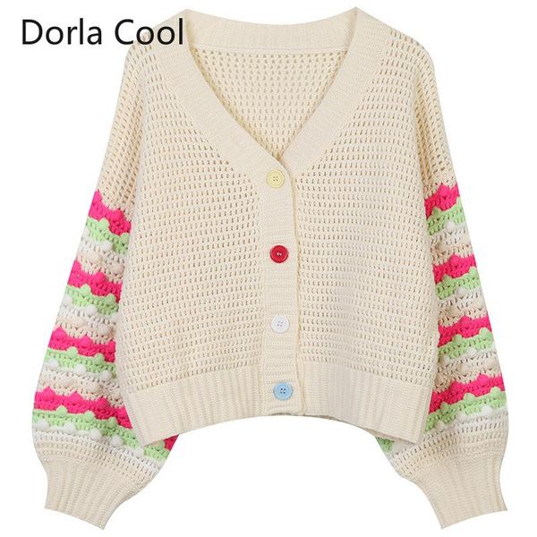 

women's knits & tees designer cardigans knitted hollow out v-neck loose sweaters colorful buttons striped sleeves patchwork autumn, White
