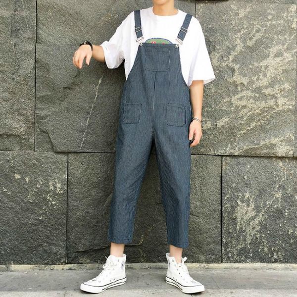 

men's pants 2021 cowboy salopettes stripe printing haren casual streetwear trousers hip hop romper mens black jumpsuit s-2xl