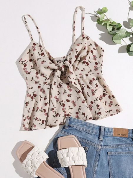 

tie front shirred back ditsy floral peplum cami m6hs#, White