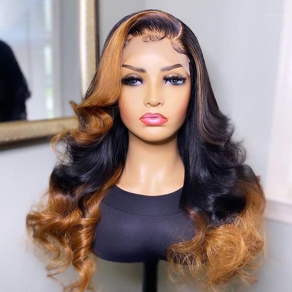 

inch highlight ombre brown color long body wave bleached knots lace frontal wig with baby hair human for women soft wigs1, Black;brown