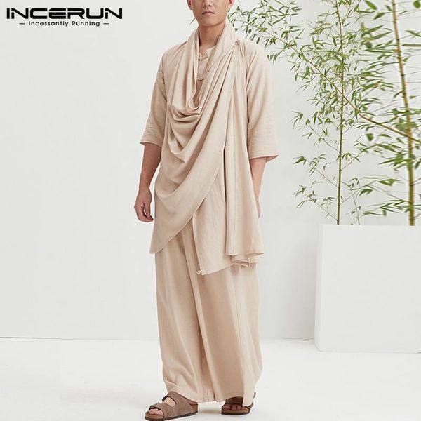 

men's tracksuits incerun men casual sets solid color cotton vintage heaps collar half sleeve cloak coats & wide leg pants 2021 retro su, Gray