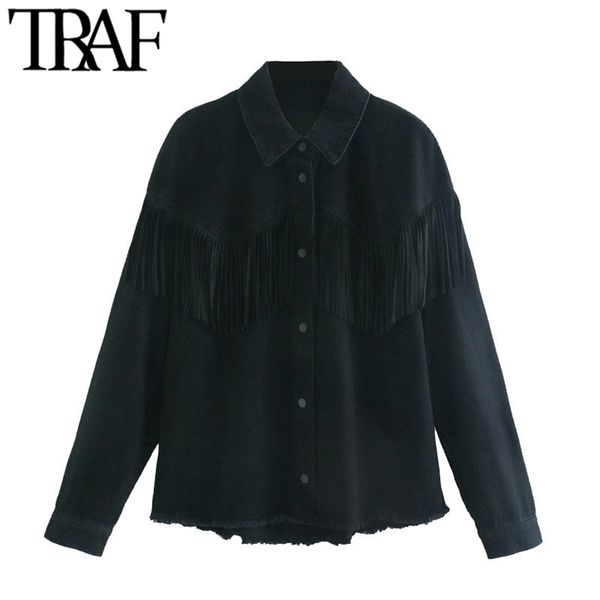 

women fashion fringe trims loose denim jacket coat vintage long sleeve frayed tassel female outerwear chic 210507, Black;brown
