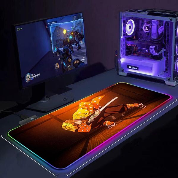 

mouse pads & wrist rests rgb pad gaming accessories gamer desk mat lapkeyboard table carpet 90x40cm demon slayer large rubber led mousep