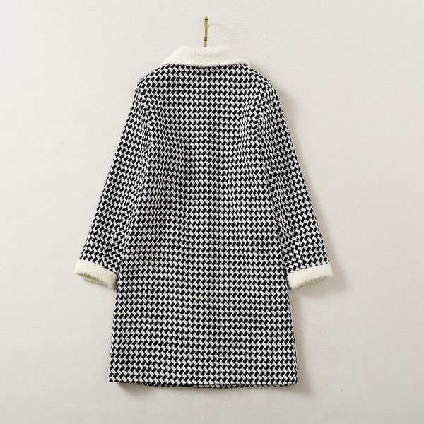 

2021 autumn winter wool overcoats women turn-down collar geometric prints rabbit hair deco vintage long coats, Black;brown