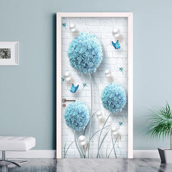 Tapeten Selbstklebende 3D-Türaufkleber Home Decor Blauer Löwenzahn Bild PO Wohnzimmer Wandbild PVC Wasserdichte Kunst Wandtattoos