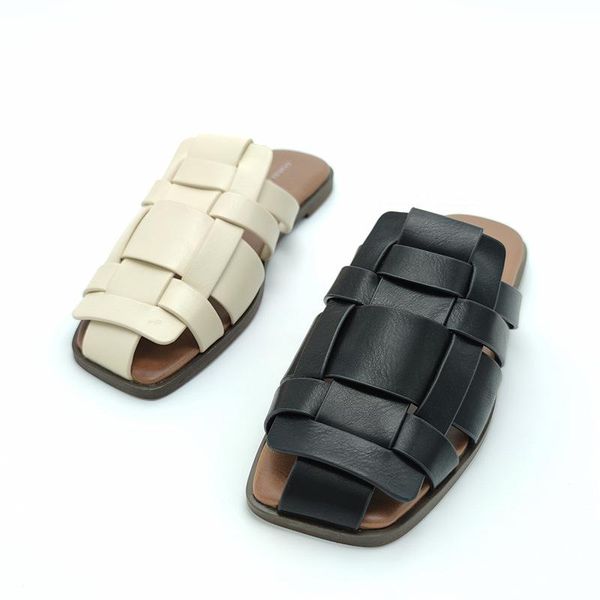 

slippers 2021 summer women's shoe irregular woven upper simple flat for women beige black slides