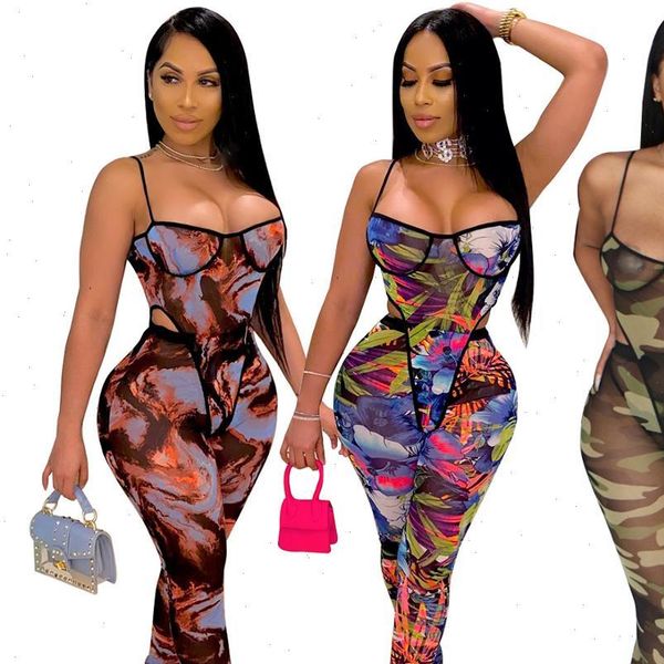 

beach womens tracksuits style fashion leaves printed lady suit spaghetti strap bodysuits high waist leggings 2 piece set outfit, Gray