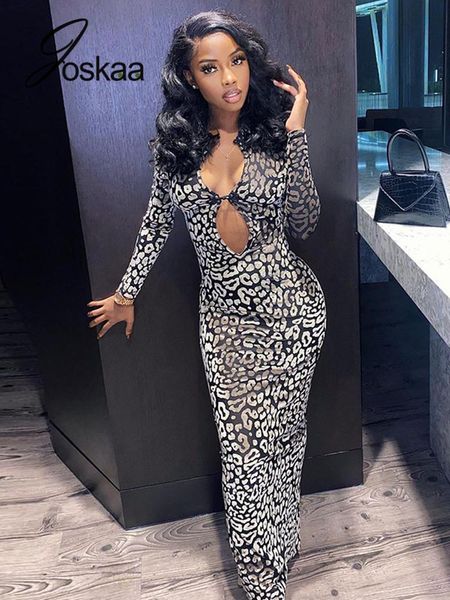 

casual dresses joskaa leopard long sleeve hollow out bodycon dress women high split maxi fall 2021 elegant party night club outfit, Black;gray