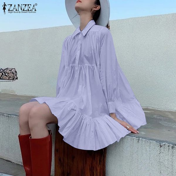 

dresses women ruffle dress 2021 spring a-line mini vestidos fashion pleated lapel casual solid long sleeve sundress plus size 5xl, Black;gray