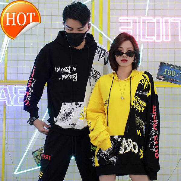 

contrast sweater fashion matching color brand personalized printing high street loose hooded lovers guochao matching long, Black