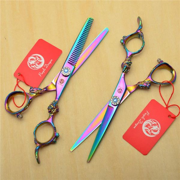 

hair scissors 9004# 2pcs/pair 6'' 17.5cm purple big dragon carve hairdressing scissor cutting+thinning shears professional human