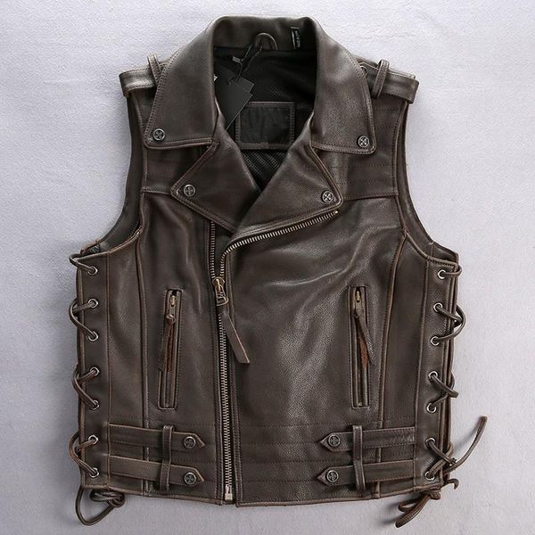 

men's vests genuine cow leather oblique zipper rocker biker motorcycle vest waistcoat adjustable, Black;white
