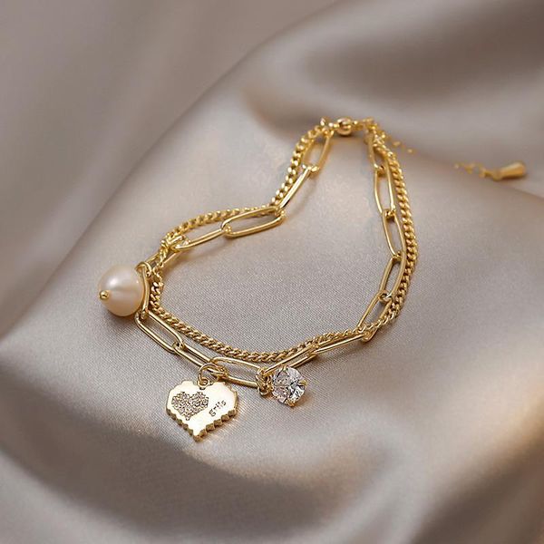 

link, chain korea fashion natural pearl zircon love heart gold bracelet women exquisite luxury lucky pendant jewelry gift, Black