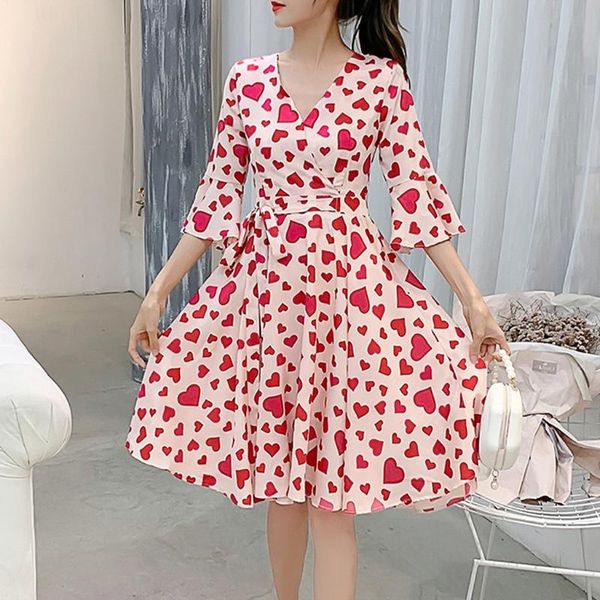 

summer dress women v-neck flare sleeve dresses heart print three quarter knee-length vestidos de festa casual, Black;gray