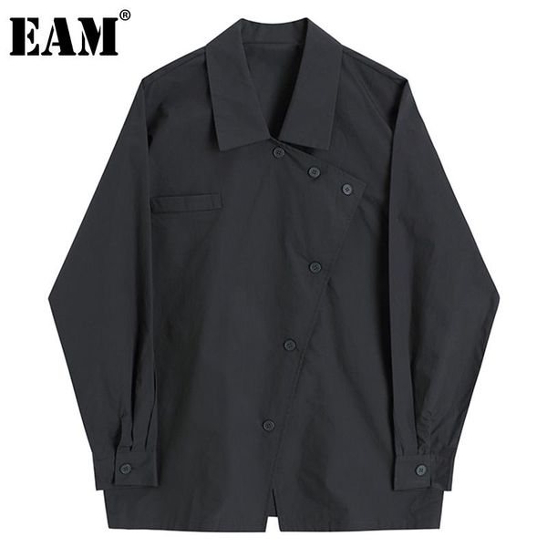 

[eam] women asymmetrical big size dark gray blouse lapel long sleeve loose fit shirt fashion tide spring autumn 2021 1dd3160 women's bl, White