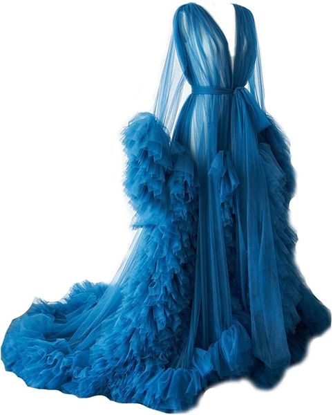 Chique Royal Blue Ruffle Vestidos de Noite para Mãe e Filha Caminhada Plissada Longa Vestido Mulheres Sessão de Photo Tule Tulle Maternidade Vestes Custom