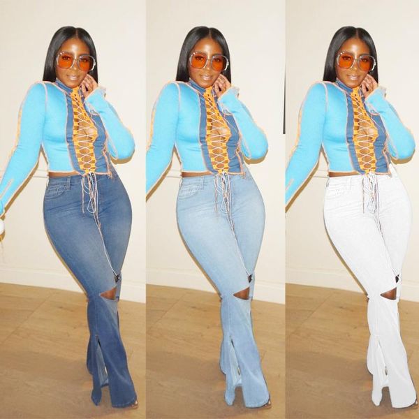 

est fashion women flare jeans holes ripped side split bell bottom full length high waist skinny denim pants women's, Blue