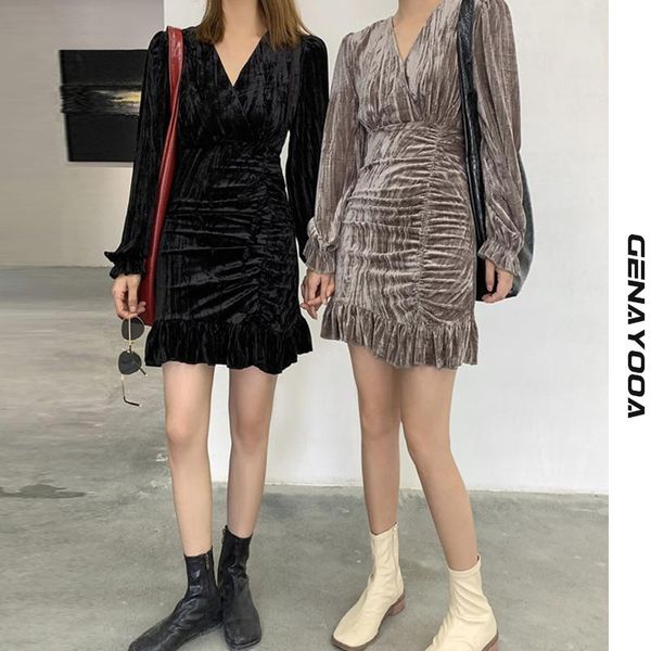 

genayooa women dress elegant velvet vintage v neck mini party wrap ladies dresses 2021 spring korean vestidos casual, Black;gray
