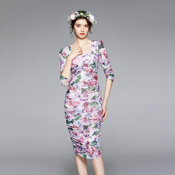 

casual dresses 2021 summer flower printed pleated bodycon dress runway women elegant puff sleeve high elastic waist draped mesh, Black;gray
