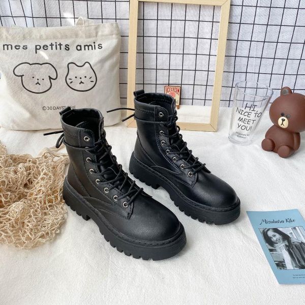 

boots round head fashion all-match british style retro short black cross straps thick-soled women's