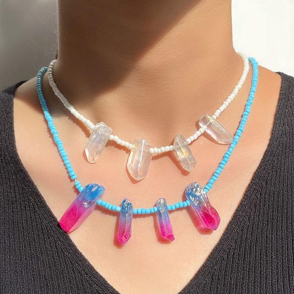 

chokers handmade rice beads irregular crystal natural stone pendant necklace for women rainbow color beaded choker boho jewelry, Golden;silver