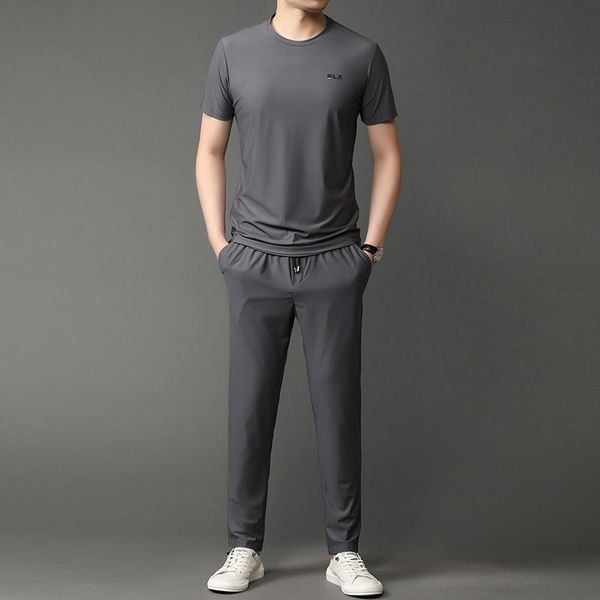 

men's tracksuits 2021 sports leisure suit grey thin hoodless trousers summer short sleeve t-shirt, Gray