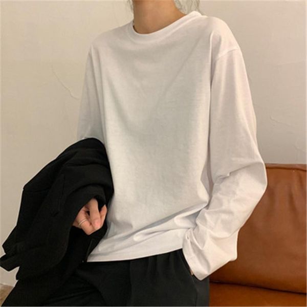

women's t-shirt women casual o neck long sleeve 100% cotton loose white tee shirt femal solid basic s-3xl
