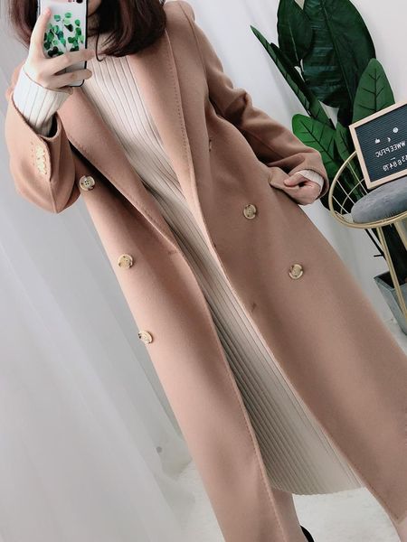 

women's wool & blends classic camel color double-sided cashmere coat medium and long style slim thin korean in autumn, Black