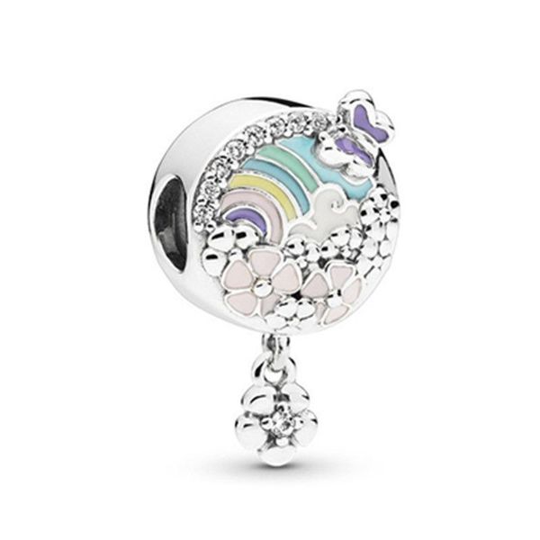 

1pcs cute butterfly rainbow flor pendant diy beads adapting to original pandora charm bracelet ladies jewelry making gifts, Silver