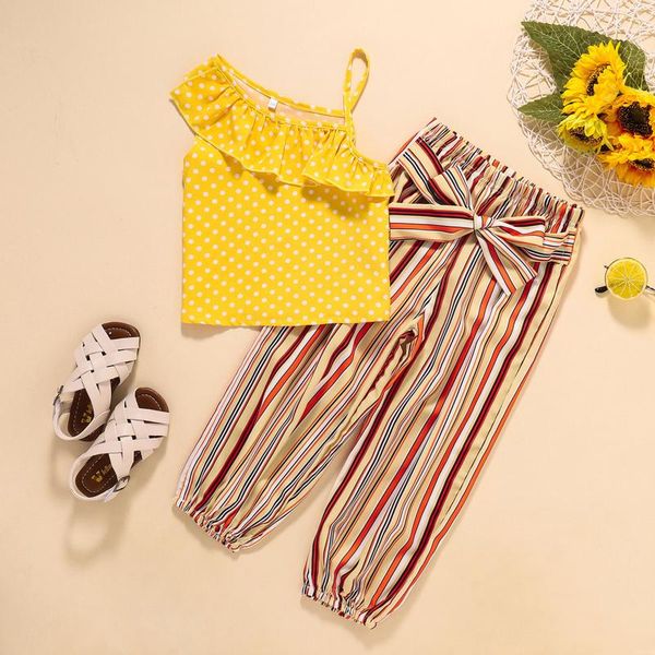 

clothing sets off shoulder kids clothes girls set born toddler polka dot vest bohemian style striped pants outfits vetement fille, White