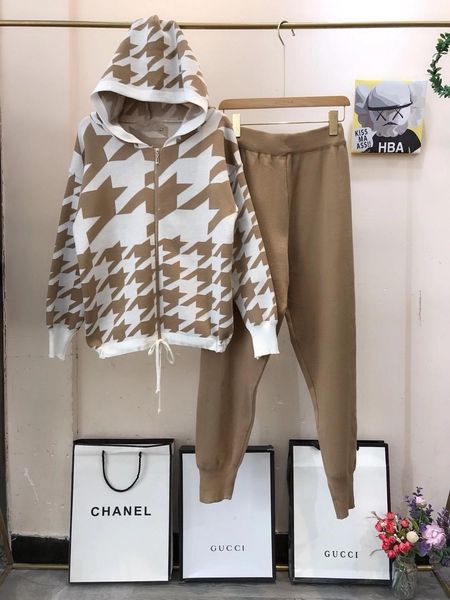 

knit plaids hooded sweater cardigans women tracksuits pants set casual knitted plaid jacekts suits for woman, Gray