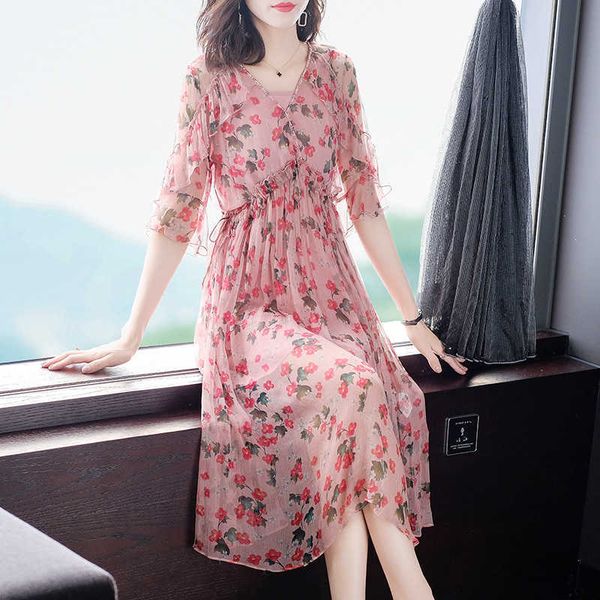 

summer 2021 silk french floral skirt high end women's 68976 fairy drs thin, Black;gray