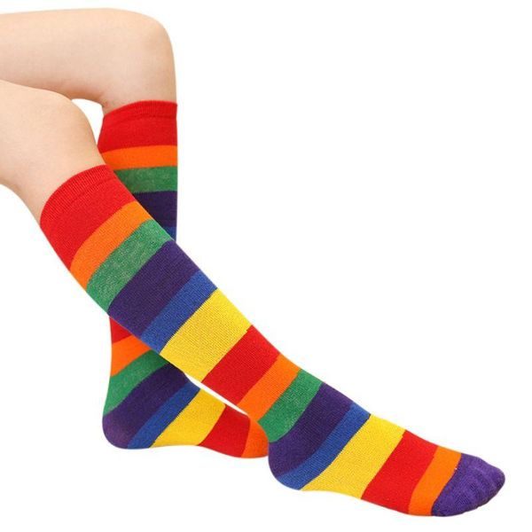 

socks 40jc children rainbow sport kids boys girls colorful striped knee mid high tube stockings, Pink;yellow