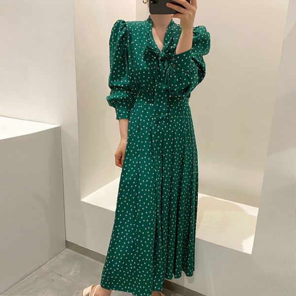 

casual dresses vintage bow neck ball women's long sleeve female thin waist line 2021 spring es, Black;gray