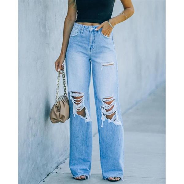

women's jeans mid-waist trousers, light-colored temperament, commuting ripped holes, washed jeans, trousers, Blue