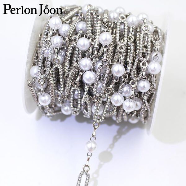 

wedding sashes 1 yard oval crystal pearl rhinestone trim silver metal chain belts for women sewn on decoration accessories ml135, White