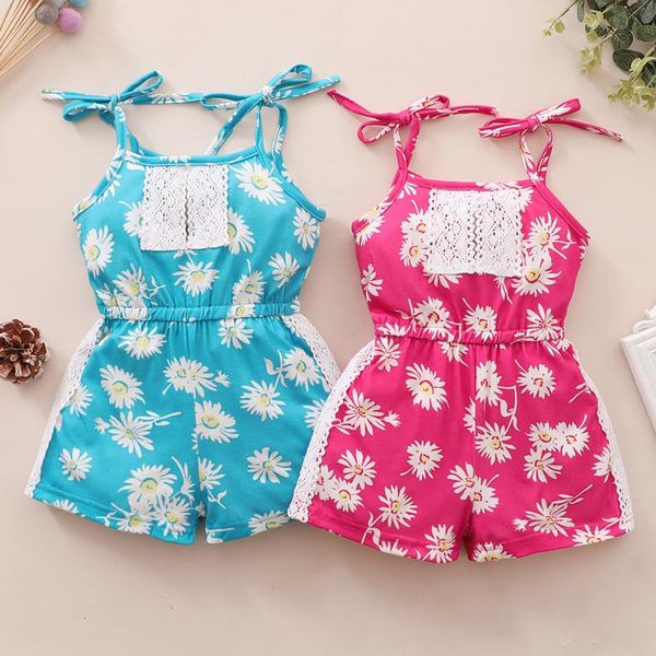 

jumpsuits baby girl clothes born rompers one-pieces boys girls sleeveless lace daisy printed jumpsuit playsuit summer 2021, Blue