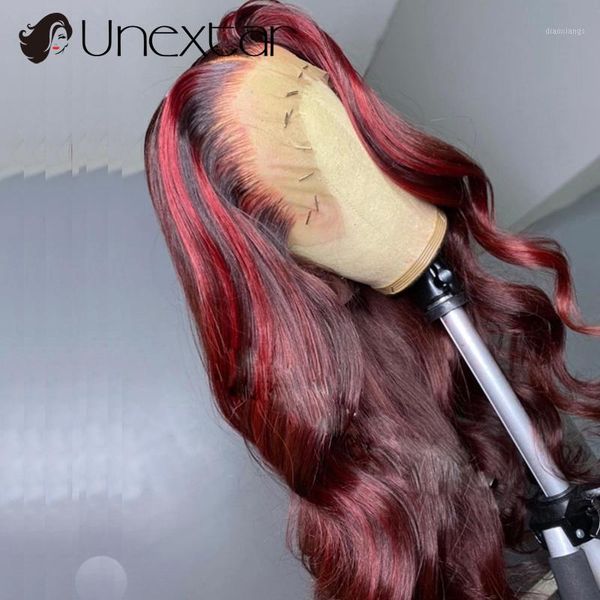 

colored 99j human hair wigs for women brazilian remy 13*4 lace front 180% red body wave1, Black;brown