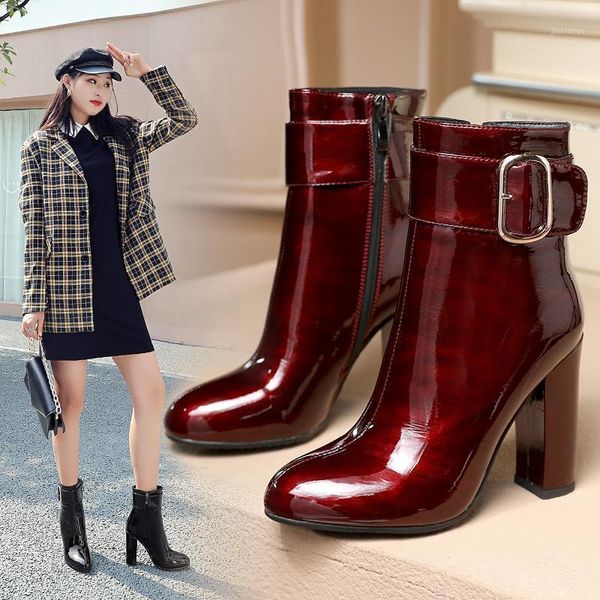 

boots 2021 winter casual patent leather women's shoes short plush ankle ladies heels plus size 35-431, Black