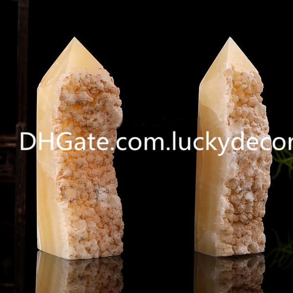 Amarelo Calcite Quartz Cristal Cluster Torres Artesanato Irregular 4 Fashion Natural Druzy Gede Gede Gemstone Mineral Point Obelisk Wand para Reiki Cura e Grade de Cristal