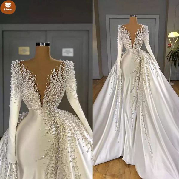 2022 Pérolas de luxo Vestidos de casamento sereia com overskirt v pescoço de cetim manga longa vestidos de noiva elegante vestido de noiva robes de wjy591
