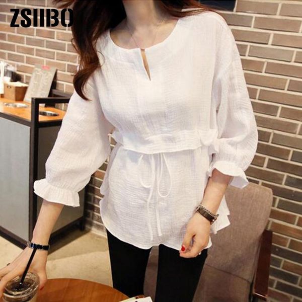 

women's blouses & shirts summer 2021 chiffon shirt loose cotton and linen waist tie small fresh v-neck doll plus size women clothing, White