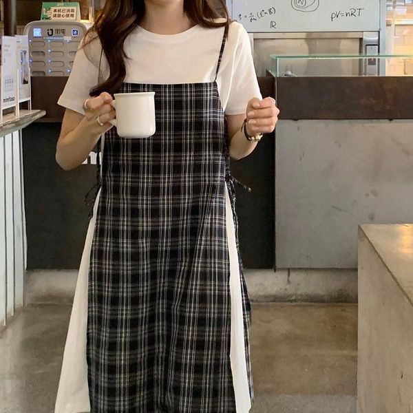 

casual dresses women 2 piece set chic summer o-neck long white t-shirt + preppy style deisgn retro sweet sling plaid dress, Black;gray